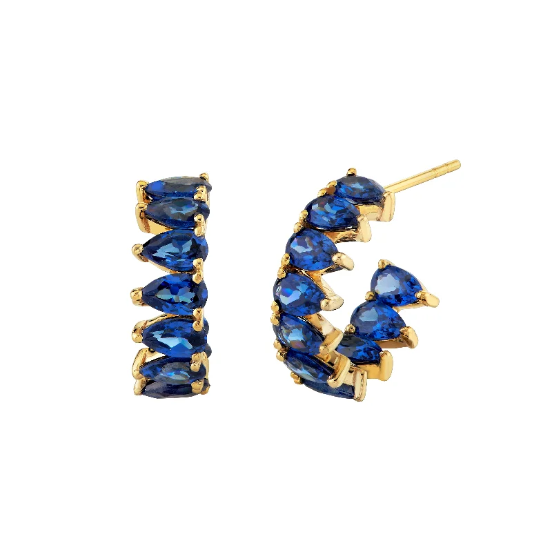 Thin threader earrings-Pear Shaped Sapphire Huggies