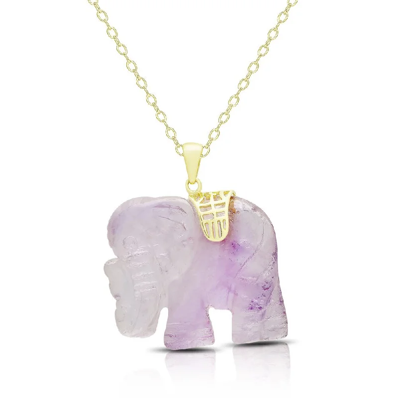 Round stone necklaces-Dolce Giavonna Gold Over Silver Carved Dyed Lavender Jade Elephant Necklace