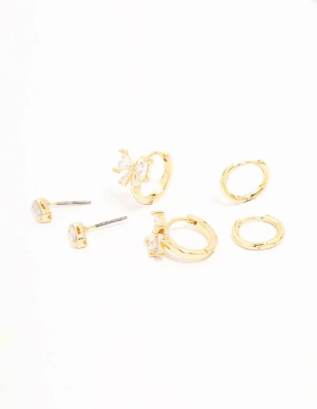 Layered drop earrings-Gold Plated Cubic Zirconia Bow Huggie Earrings 3-Pack