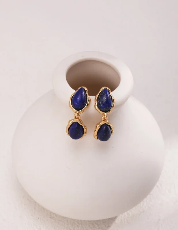 Deco style earrings-Two Drop-shaped Gold Lapis Lazuli Earrings