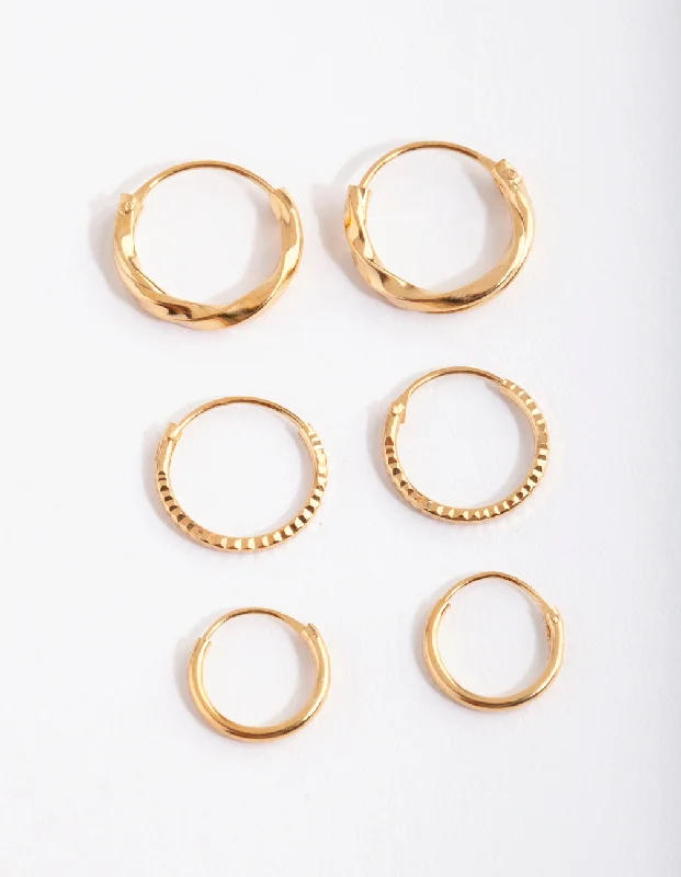 Two-tone earrings-Gold Plated Sterling Silver Graduating Textured Hoop Earring Pack