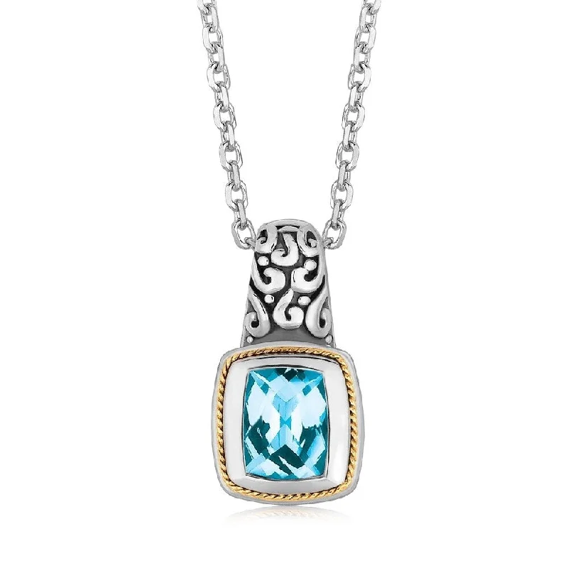 Chic art necklaces-18k Yellow Gold and Sterling Silver Necklace with Milgrained Blue Topaz Pendant