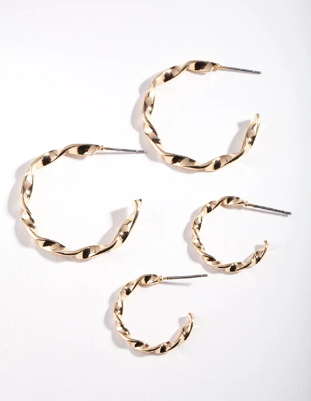 Wide hoop earrings-Gold Twisted Hoop Earring Pack