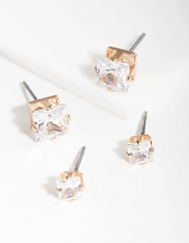 Aged bronze earrings-Gold Cubic Zirconia Square Earring Pack