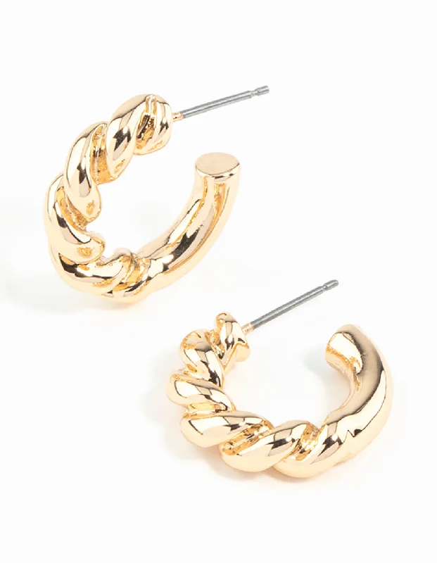 Wave design earrings-Gold Rope Twist Huggie Earrings