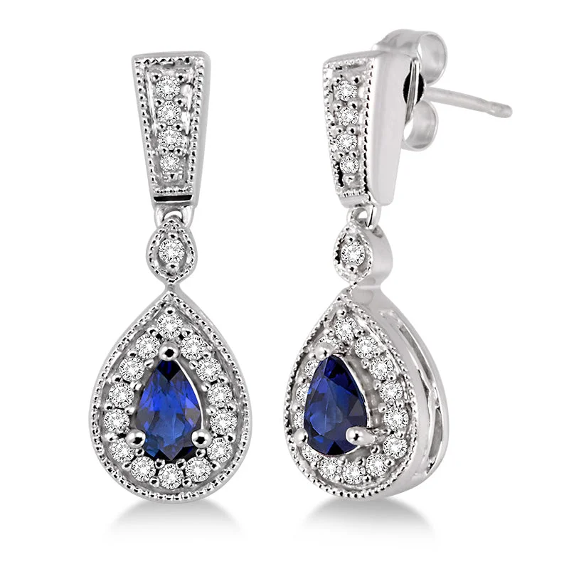 Vintage flair earrings-Diamond & Sapphire Tear Drop Earrings