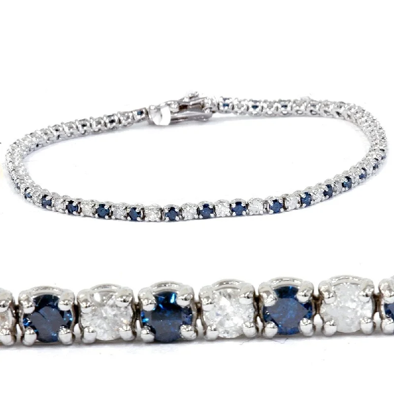 Chunky stone bangles-14K White Gold 3 ct White & Blue Diamond Tennis Bracelet 7"