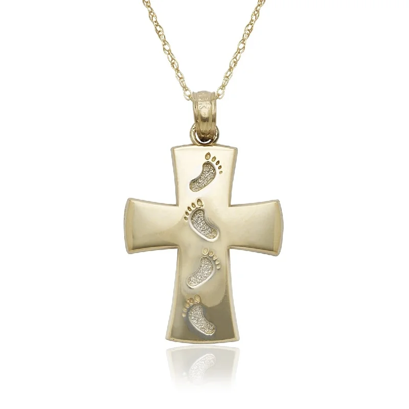 Wide bib necklaces-14k Yellow Gold Footprints Cross Pendant 16-inch Gold-filled Chain Necklace