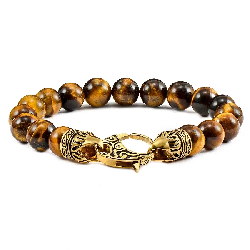 Polished bead bangles-Men's Natural Stone Bead Gold Plated Steel Clasp Bracelet (10mm) - 8"