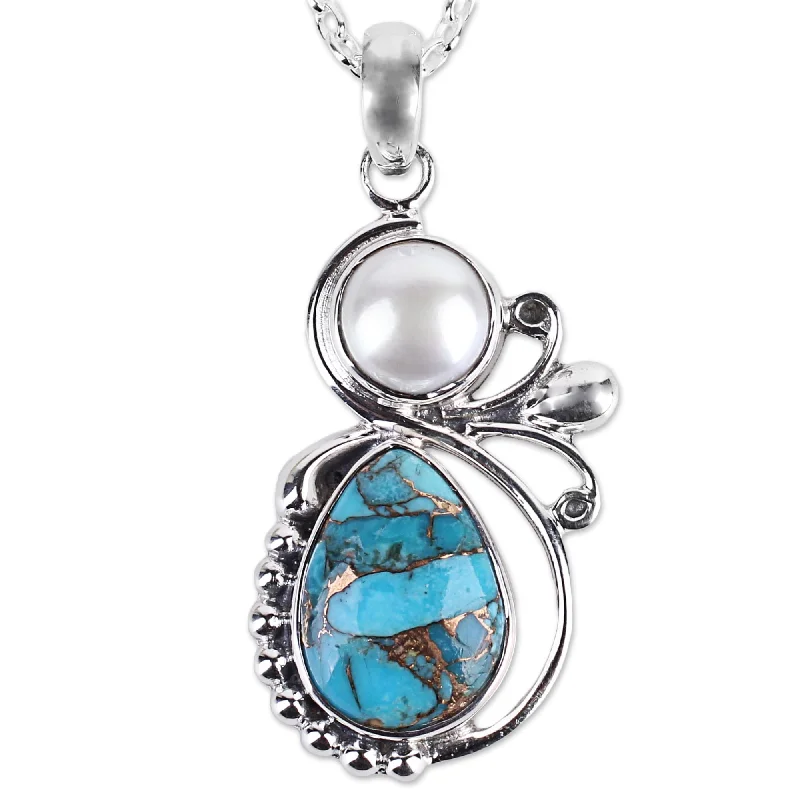 Stretch cord necklaces-Cultured Pearl Pendant Necklace, 'Joyous Blue Sky' (India) - 7'6" x 9'6"