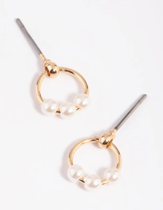 Solid ring earrings-Gold Pearl Circular Stud Earrings