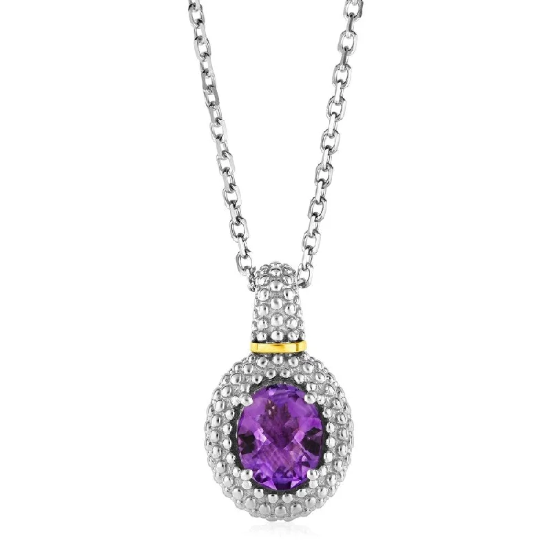 Wide bib necklaces-Necklace with Oval Amethyst Pendant in Sterling Silver and 18k Yellow Gold