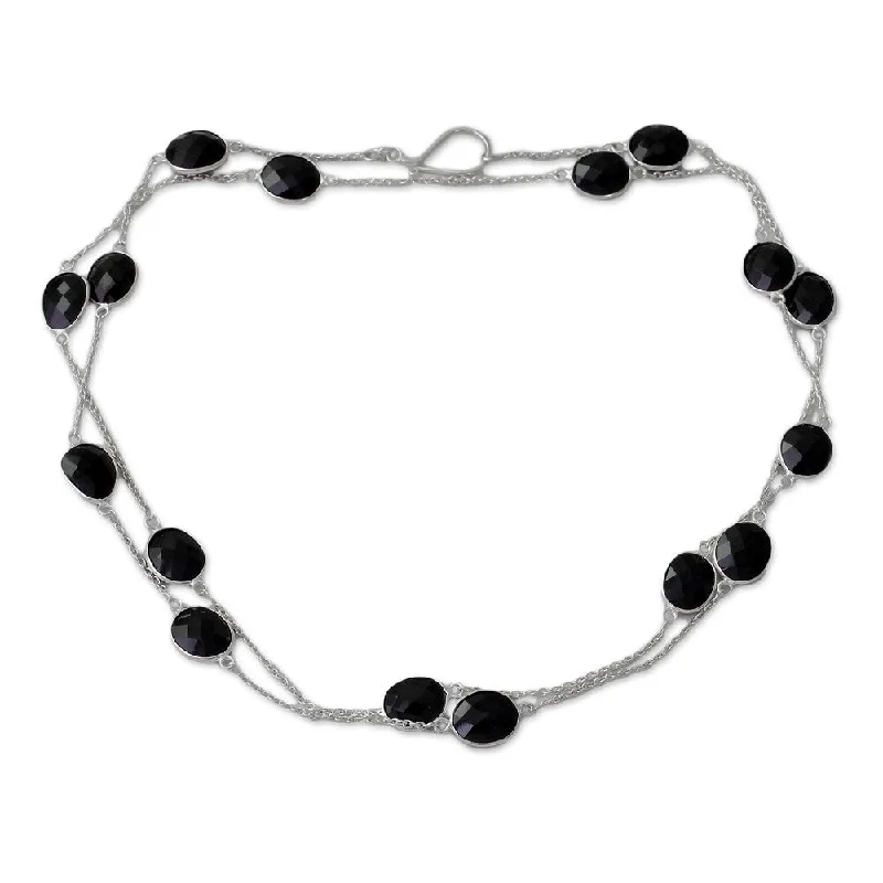 Linen cord necklaces-NOVICA Handmade Sterling Silver Majesty Onyx Long Chain Necklace (India)