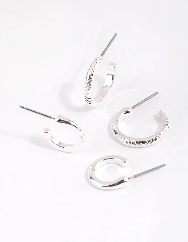 Half moon earrings-Silver Line Marked Hoop Earring Set